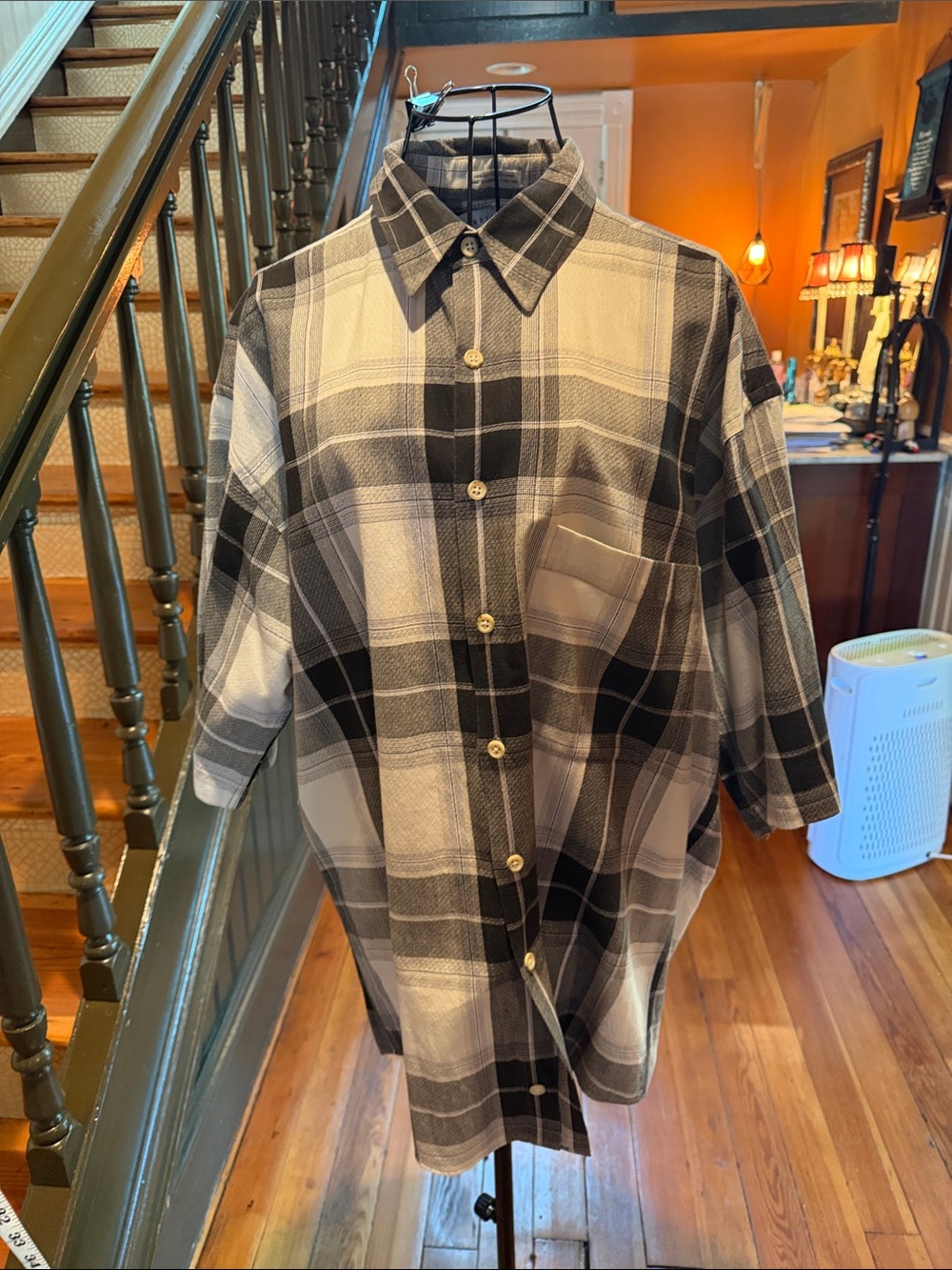 Henry Grethel Vintage Plaid Button Front Shirt Large Black Gray White